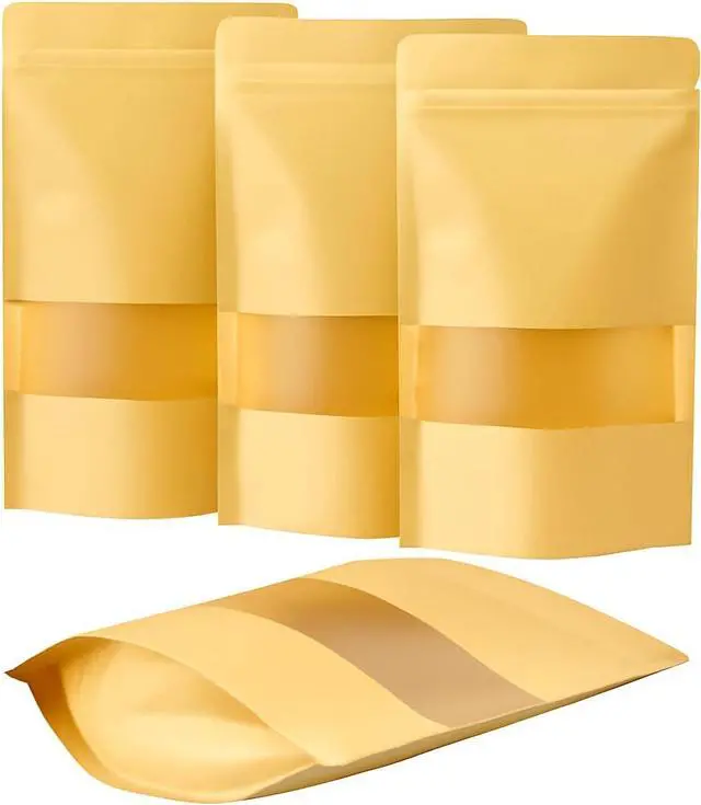 Main image of Premium 5 PCS Stand-Up Ziplock Kraft Pouches (4.7 x 7.9 inch) Resealable Food Storage Bags with Clear Window for Snacks, Coffee, Candy Reusable, Leakproof, Eco-Friendly