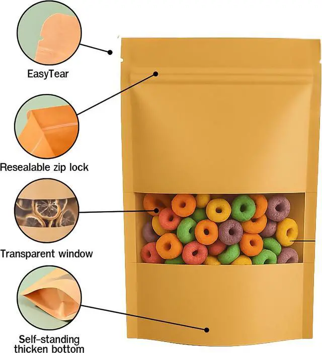 Alt view image 2 of 6 - Premium 5 PCS Stand-Up Ziplock Kraft Pouches (4.7 x 7.9 inch) Resealable Food Storage Bags with Clear Window for Snacks, Coffee, Candy Reusable, Leakproof, Eco-Friendly