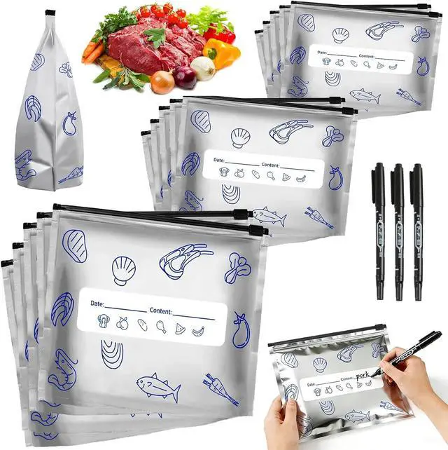 Main image of (30PCS, 3 Size) Reusable Aluminum Foil Sealable Storage Bags,Resealable Vacuum Zipper Pouches for Food, Stand Up Foil Sealable Bags with Label and Zip Lock for Vegetable Fruit Meat
