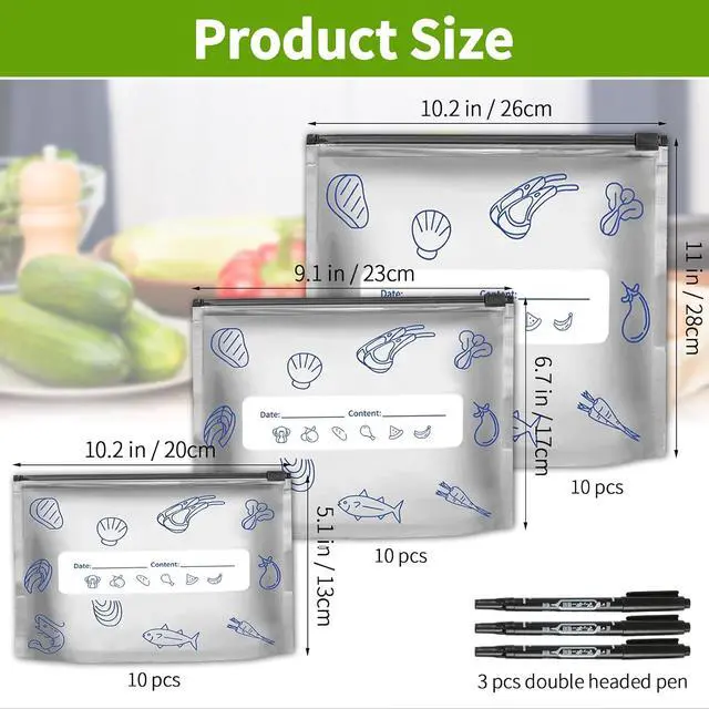 Alt view image 2 of 7 - (30PCS, 3 Size) Reusable Aluminum Foil Sealable Storage Bags,Resealable Vacuum Zipper Pouches for Food, Stand Up Foil Sealable Bags with Label and Zip Lock for Vegetable Fruit Meat