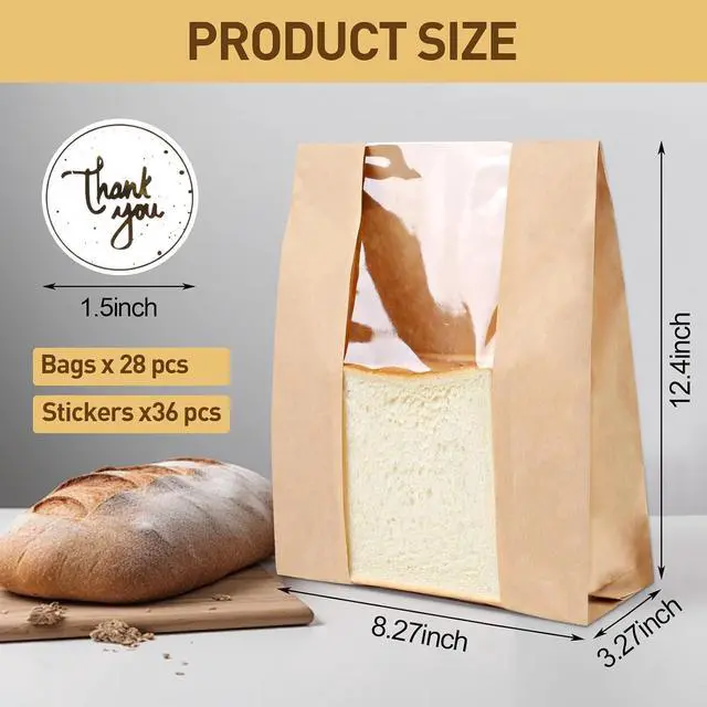 Alt view image 2 of 7 - Paper Bread Bags with Window: 28 Large Kraft Bakery Bags 13.7"x8.3"x3.3" 36 Stickers - Reusable Brown Bread Bags for Sourdough - Artisan Loaves Gifting Keep Bread Fresh Longer