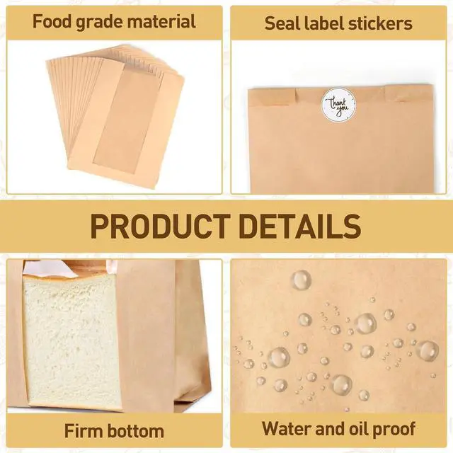 Alt view image 3 of 7 - Paper Bread Bags with Window: 28 Large Kraft Bakery Bags 13.7"x8.3"x3.3" 36 Stickers - Reusable Brown Bread Bags for Sourdough - Artisan Loaves Gifting Keep Bread Fresh Longer
