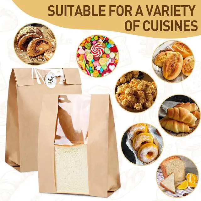 Alt view image 5 of 7 - Paper Bread Bags with Window: 28 Large Kraft Bakery Bags 13.7"x8.3"x3.3" 36 Stickers - Reusable Brown Bread Bags for Sourdough - Artisan Loaves Gifting Keep Bread Fresh Longer