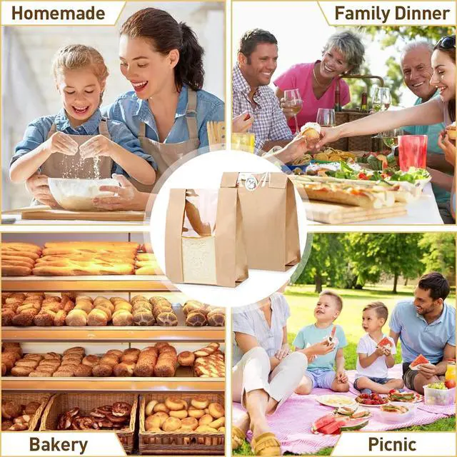 Alt view image 6 of 7 - Paper Bread Bags with Window: 28 Large Kraft Bakery Bags 13.7"x8.3"x3.3" 36 Stickers - Reusable Brown Bread Bags for Sourdough - Artisan Loaves Gifting Keep Bread Fresh Longer