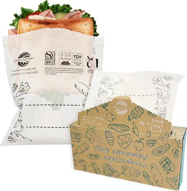 Main image of Compostable Food Storage Bags, Resealable Sandwich Bags, 50 Count, 6.7 x 6.8 inches, Extra Thick, Certified US BPI ASTM D6400 Europe OK Compost