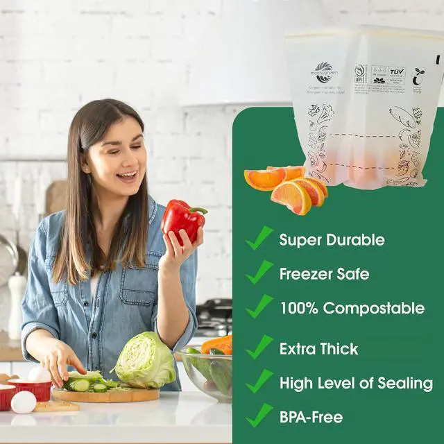 Alt view image 4 of 6 - Compostable Food Storage Bags, Resealable Sandwich Bags, 50 Count, 6.7 x 6.8 inches, Extra Thick, Certified US BPI ASTM D6400 Europe OK Compost