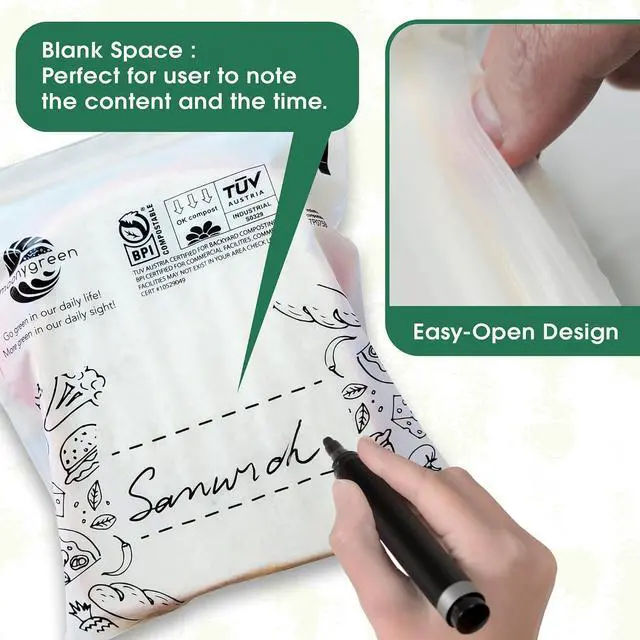 Alt view image 5 of 6 - Compostable Food Storage Bags, Resealable Sandwich Bags, 50 Count, 6.7 x 6.8 inches, Extra Thick, Certified US BPI ASTM D6400 Europe OK Compost