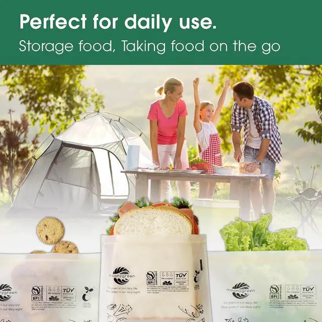 Alt view image 6 of 6 - Compostable Food Storage Bags, Resealable Sandwich Bags, 50 Count, 6.7 x 6.8 inches, Extra Thick, Certified US BPI ASTM D6400 Europe OK Compost