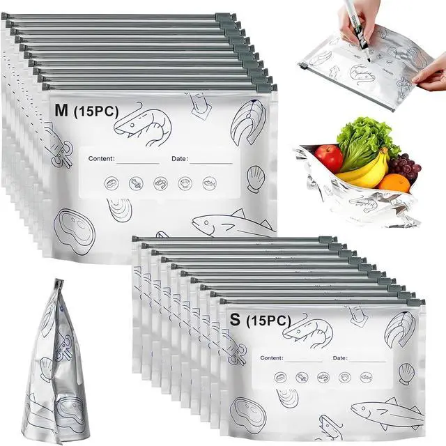 Main image of Bolsas de aluminio para congelar Reusable Aluminum Foil Freezer Bags Cleanomic Zip Bags Foil Bags with Markable Surface 2 Sizes 30 Pack