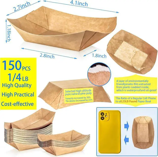 Alt view image 2 of 7 - 150 Pack 1/4Lb Paper Food Boat Trays Disposable Small Paper Boats Plates Containers, 0.25Lb Mini Kraft Food Serving Boat Tray Baskets for Snack Fries Dessert Popcorn BBQ Sauce Tacos Nacho
