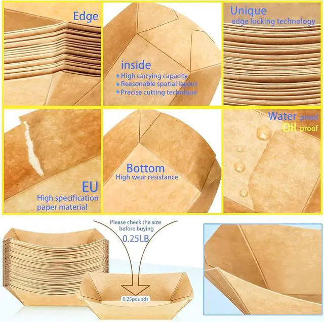 Alt view image 3 of 7 - 150 Pack 1/4Lb Paper Food Boat Trays Disposable Small Paper Boats Plates Containers, 0.25Lb Mini Kraft Food Serving Boat Tray Baskets for Snack Fries Dessert Popcorn BBQ Sauce Tacos Nacho