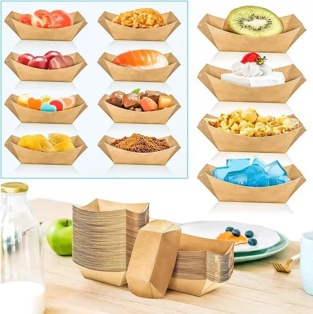Alt view image 4 of 7 - 150 Pack 1/4Lb Paper Food Boat Trays Disposable Small Paper Boats Plates Containers, 0.25Lb Mini Kraft Food Serving Boat Tray Baskets for Snack Fries Dessert Popcorn BBQ Sauce Tacos Nacho