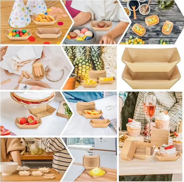 Alt view image 5 of 7 - 150 Pack 1/4Lb Paper Food Boat Trays Disposable Small Paper Boats Plates Containers, 0.25Lb Mini Kraft Food Serving Boat Tray Baskets for Snack Fries Dessert Popcorn BBQ Sauce Tacos Nacho