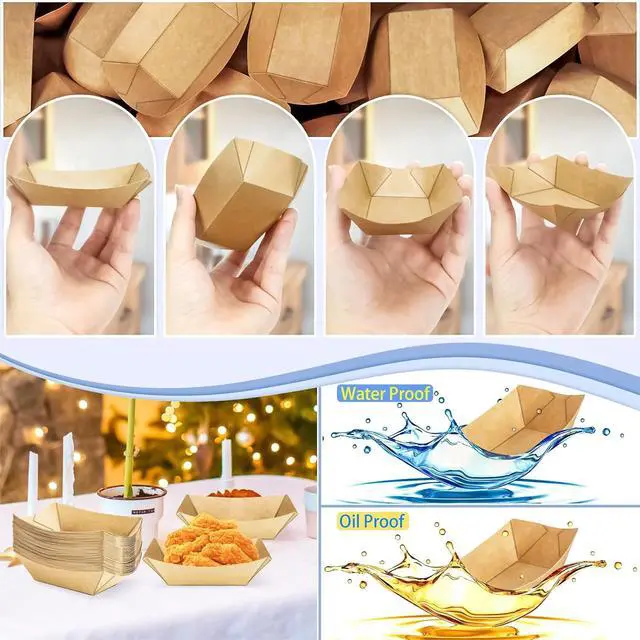 Alt view image 6 of 7 - 150 Pack 1/4Lb Paper Food Boat Trays Disposable Small Paper Boats Plates Containers, 0.25Lb Mini Kraft Food Serving Boat Tray Baskets for Snack Fries Dessert Popcorn BBQ Sauce Tacos Nacho