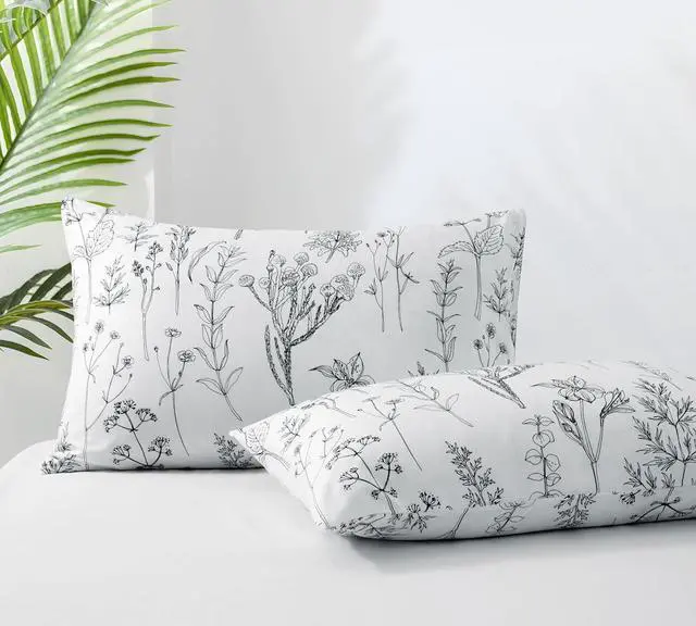 Main image of Standard Size Pillow Cases Set of 2, 20x26, Black and White Plant Patterns