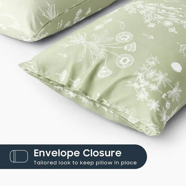 Alt view image 3 of 5 - Floral Pillow Cases, Botanical Flower Cottagecore Pattern Printed, Set of 2 Soft Pillowcases Pillow Shams Covers, Sage Green, Standard Size 20x26 Inches