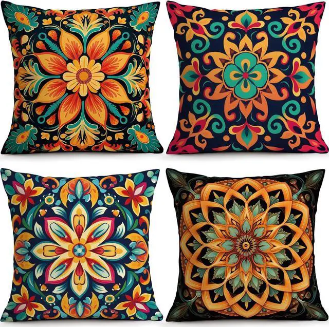 Main image of Colorful Boho Mandala Throw Pillow Covers 18x18 Inch Set of 4