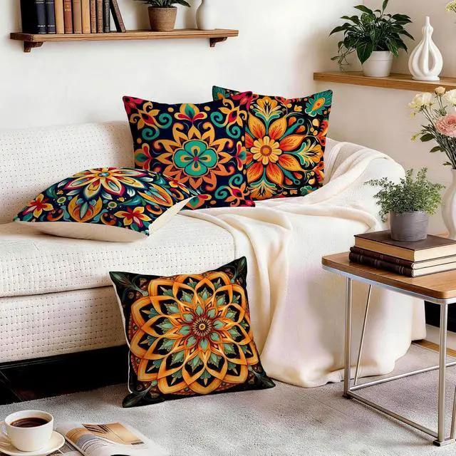 Alt view image 7 of 7 - Colorful Boho Mandala Throw Pillow Covers 18x18 Inch Set of 4