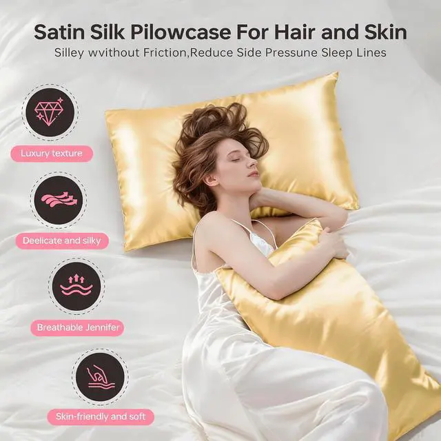 Alt view image 6 of 6 - Satin Pillowcase for Hair and Skin, 2 Pack Soft Silky Pillow, Cooling and Wrinkle Resistant, Available in Standard/Queen/King Sizes, 6 Colors (Champagne Gold, Queen (U.S. Standard))