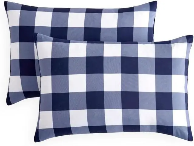 Main image of Plaid Pillow Cases, Buffalo Check Gingham Checkered Farmhouse, Set of 2 Soft Pillowcases Pillow Shams Covers, Navy Blue White, Standard Size 20x26 Inches