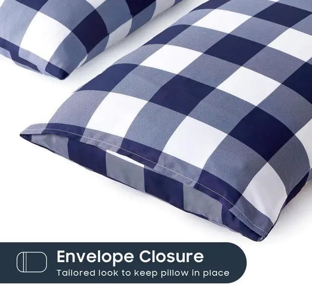 Alt view image 3 of 5 - Plaid Pillow Cases, Buffalo Check Gingham Checkered Farmhouse, Set of 2 Soft Pillowcases Pillow Shams Covers, Navy Blue White, Standard Size 20x26 Inches