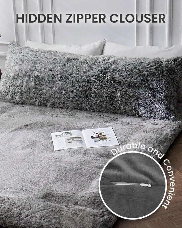 Alt view image 3 of 7 - Fuzzy Body Pillow Cover, 20"x 54" Furry Body Pillow Pillowcase, Faux Fur Long Pillow Cover with Zipper, Fluffy Soft Plush Decorative Pillow Cases for Bedroom (Grey)