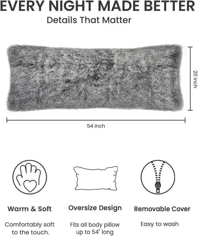Alt view image 4 of 7 - Fuzzy Body Pillow Cover, 20"x 54" Furry Body Pillow Pillowcase, Faux Fur Long Pillow Cover with Zipper, Fluffy Soft Plush Decorative Pillow Cases for Bedroom (Grey)