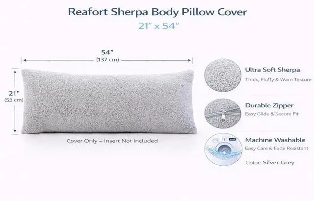 Alt view image 2 of 7 - REAFORT Sherpa Body Pillow Cover 21"x54", Zipper Closure, (Silver Grey)