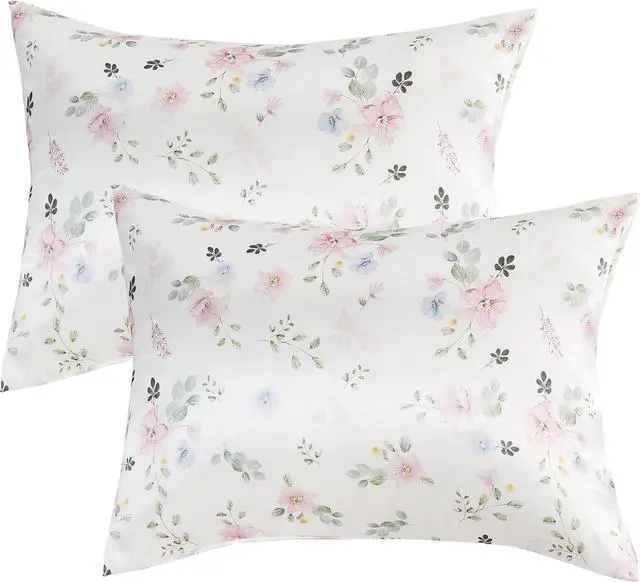 Main image of Floral Rose Print Satin Pillow Cases for Hair and Skin, Standard Size Satin Pillowcases 2 Pack with Envelope Closure, Frizz-Reducing, Breathable, Pastel Watercolor,20x26 Inches