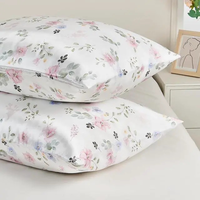 Alt view image 6 of 7 - Floral Rose Print Satin Pillow Cases for Hair and Skin, Standard Size Satin Pillowcases 2 Pack with Envelope Closure, Frizz-Reducing, Breathable, Pastel Watercolor,20x26 Inches