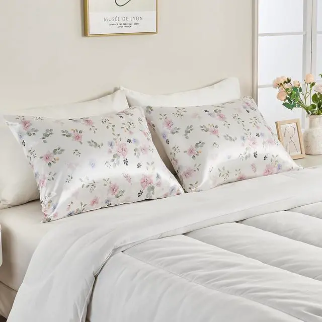 Alt view image 2 of 7 - Floral Rose Print Satin Pillow Cases for Hair and Skin, Standard Size Satin Pillowcases 2 Pack with Envelope Closure, Frizz-Reducing, Breathable, Pastel Watercolor,20x26 Inches