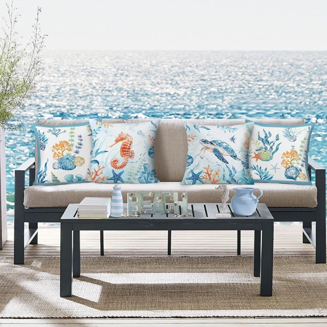 Alt view image 2 of 7 - Coastal Pillow Covers 18 x 18 Inch Ocean Beach Themed Sea Turtle Seahorse Starfish Sea Life Summer Farmhouse Decorative Pillows Case for Outdoor Couch Sofa Bed Home Decor Set of 4