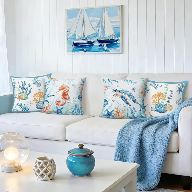Alt view image 3 of 7 - Coastal Pillow Covers 18 x 18 Inch Ocean Beach Themed Sea Turtle Seahorse Starfish Sea Life Summer Farmhouse Decorative Pillows Case for Outdoor Couch Sofa Bed Home Decor Set of 4