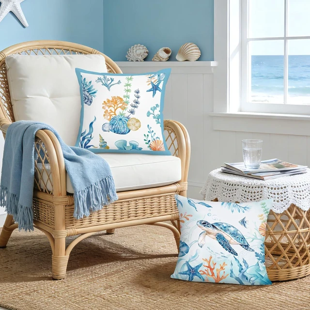 Alt view image 4 of 7 - Coastal Pillow Covers 18 x 18 Inch Ocean Beach Themed Sea Turtle Seahorse Starfish Sea Life Summer Farmhouse Decorative Pillows Case for Outdoor Couch Sofa Bed Home Decor Set of 4