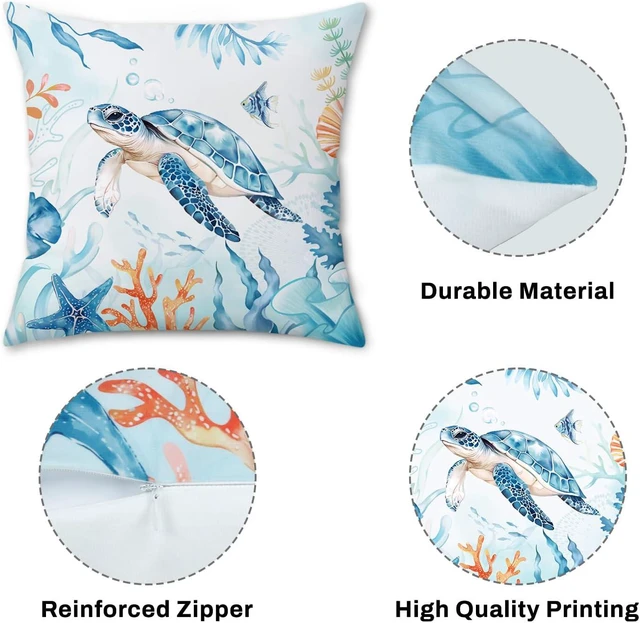 Alt view image 6 of 7 - Coastal Pillow Covers 18 x 18 Inch Ocean Beach Themed Sea Turtle Seahorse Starfish Sea Life Summer Farmhouse Decorative Pillows Case for Outdoor Couch Sofa Bed Home Decor Set of 4