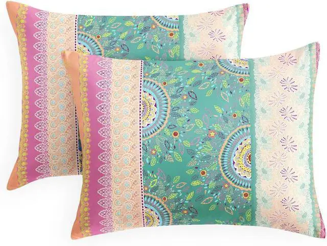 Main image of Boho Pillow Cases, Bohemian Chic Colorful Hippie Medallion Pattern, Set of 2 Soft Pillowcases Pillow Shams Covers, Coral Green, Standard Size 20x26 Inches