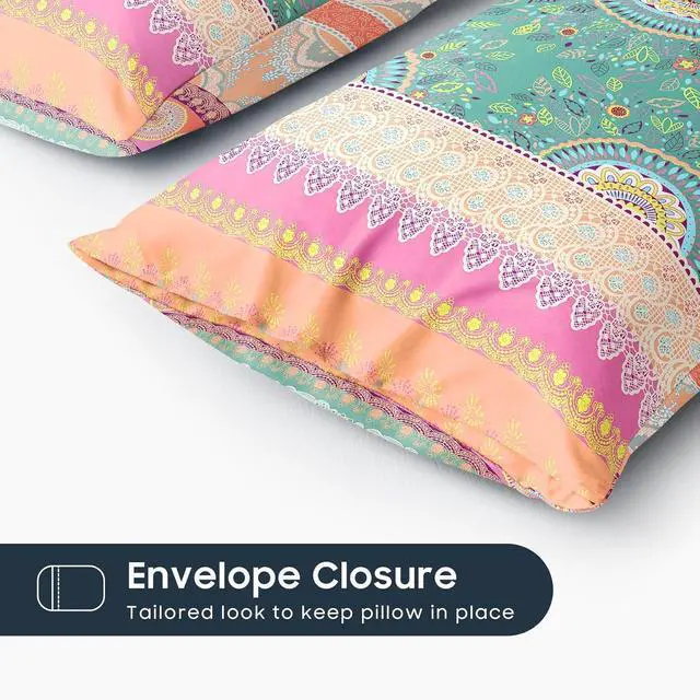 Alt view image 3 of 5 - Boho Pillow Cases, Bohemian Chic Colorful Hippie Medallion Pattern, Set of 2 Soft Pillowcases Pillow Shams Covers, Coral Green, Standard Size 20x26 Inches