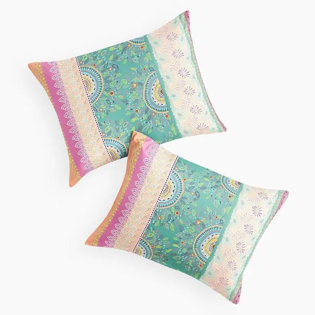 Alt view image 2 of 5 - Boho Pillow Cases, Bohemian Chic Colorful Hippie Medallion Pattern, Set of 2 Soft Pillowcases Pillow Shams Covers, Coral Green, Standard Size 20x26 Inches