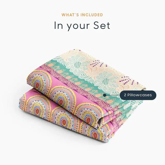 Alt view image 4 of 5 - Boho Pillow Cases, Bohemian Chic Colorful Hippie Medallion Pattern, Set of 2 Soft Pillowcases Pillow Shams Covers, Coral Green, Standard Size 20x26 Inches