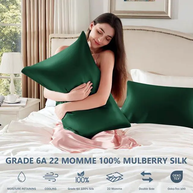 Alt view image 6 of 7 - Silk Pillow Cases Queen Size 100% Mulberry Silk Pillowcase for Hair and Skin 22 Momme Both Side Grade 6A Silk Cooling Soft Breathable 20 x 30 Inches with Hidden Zipper 1PC, Green