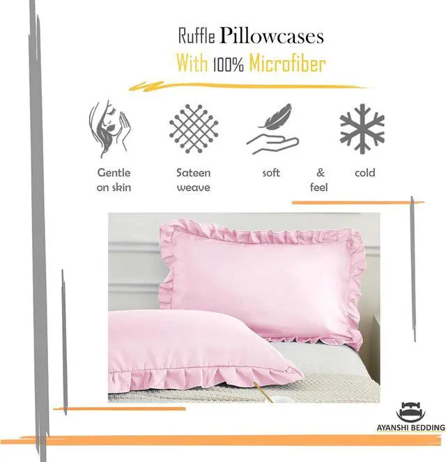 Alt view image 4 of 7 - Microfiber Ruffle Pillow Shams Queen Size Set of 2, 20X30 - Solid Ruffled Fringe Design Pillow Cases Soft & Breathable - Unique Collection Decorative Pillow Covers 20X30 - Baby Pink