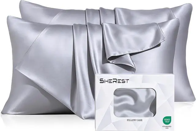 Main image of 100% Lyocell Tencel Pillow Cases Cooling Silk-Like Soft Satin Standard Size Pillow Covers with Zipper for Hair, Travel Bedding Essentials Birthday Gifts for Women Men (2pcs, Gray, 20"x26")