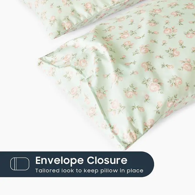 Alt view image 3 of 5 - Floral Pillow Cases, Coquette Cottagecore Aesthetic Flower Shabby Chic Rose Pattern, Set of 2 Soft Pillowcases Pillow Shams Covers, Green Pink, Standard Size 20x26 Inches
