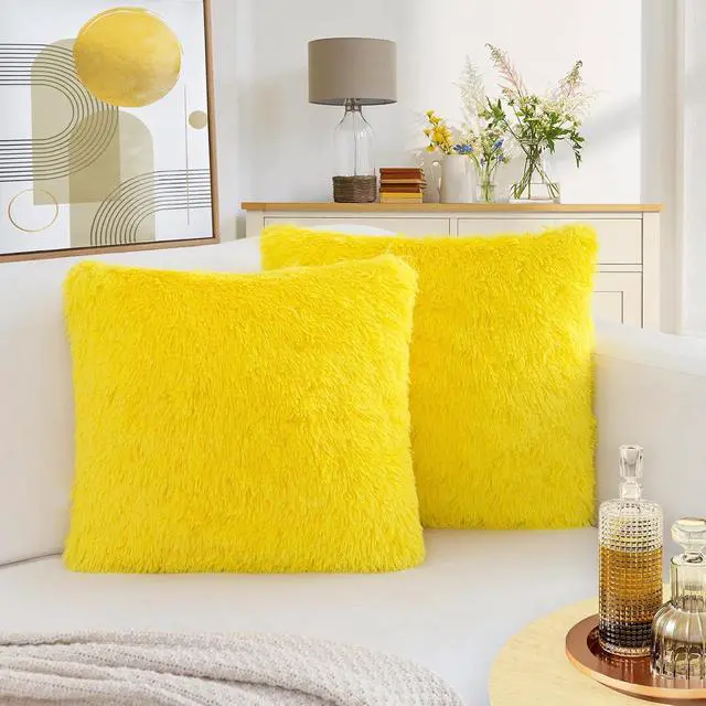 Main image of Yellow Throw Pillow Covers, Super Soft Faux Fur Pillow Cases Set of 2, 18 x 18, Room Decor