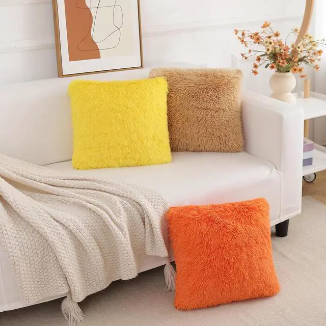 Alt view image 2 of 6 - Yellow Throw Pillow Covers, Super Soft Faux Fur Pillow Cases Set of 2, 18 x 18, Room Decor
