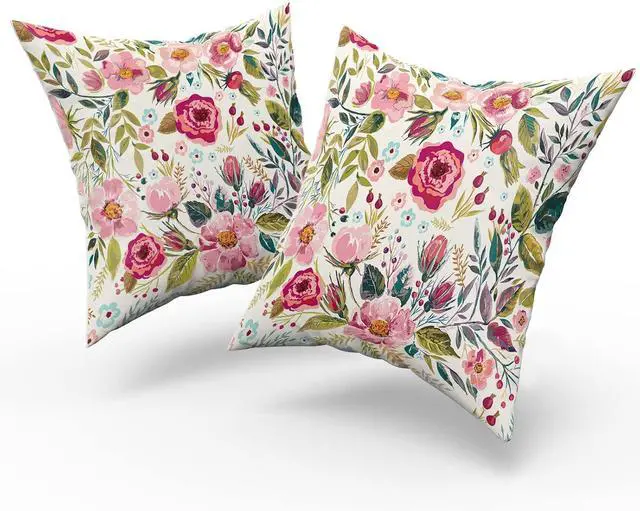 Alt view image 2 of 7 - Spring Summer Flower Throw Pillow Covers 18X18 Inch Watercolor Peony Pillowcase Hot Pink Floral with Green Leaves Girly Decorative Square Cotton Cushion Cover Set of 2 for Home Garden Outdoor Bed