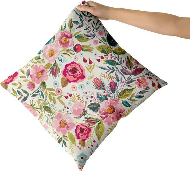 Alt view image 3 of 7 - Spring Summer Flower Throw Pillow Covers 18X18 Inch Watercolor Peony Pillowcase Hot Pink Floral with Green Leaves Girly Decorative Square Cotton Cushion Cover Set of 2 for Home Garden Outdoor Bed