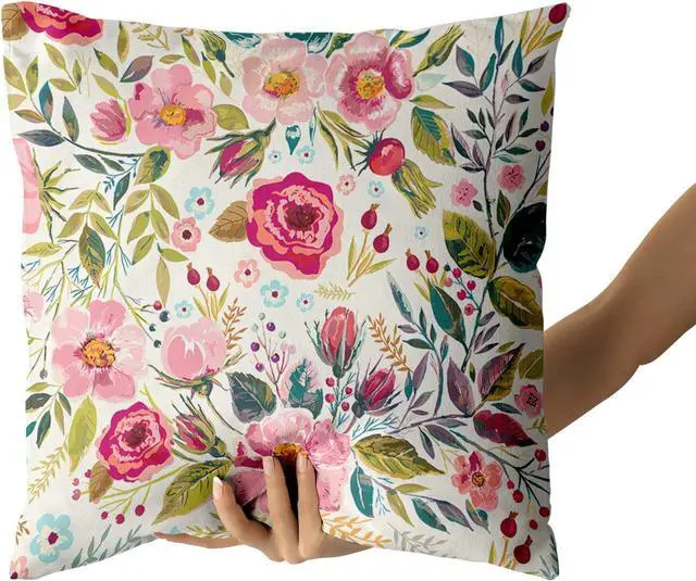 Alt view image 4 of 7 - Spring Summer Flower Throw Pillow Covers 18X18 Inch Watercolor Peony Pillowcase Hot Pink Floral with Green Leaves Girly Decorative Square Cotton Cushion Cover Set of 2 for Home Garden Outdoor Bed