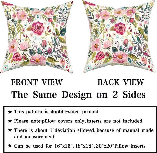 Alt view image 5 of 7 - Spring Summer Flower Throw Pillow Covers 18X18 Inch Watercolor Peony Pillowcase Hot Pink Floral with Green Leaves Girly Decorative Square Cotton Cushion Cover Set of 2 for Home Garden Outdoor Bed