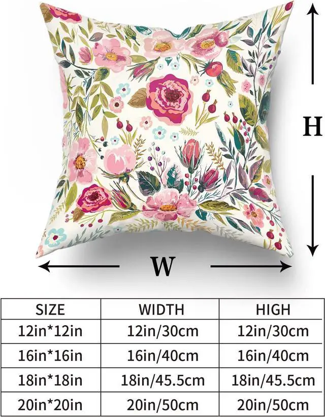 Alt view image 6 of 7 - Spring Summer Flower Throw Pillow Covers 18X18 Inch Watercolor Peony Pillowcase Hot Pink Floral with Green Leaves Girly Decorative Square Cotton Cushion Cover Set of 2 for Home Garden Outdoor Bed
